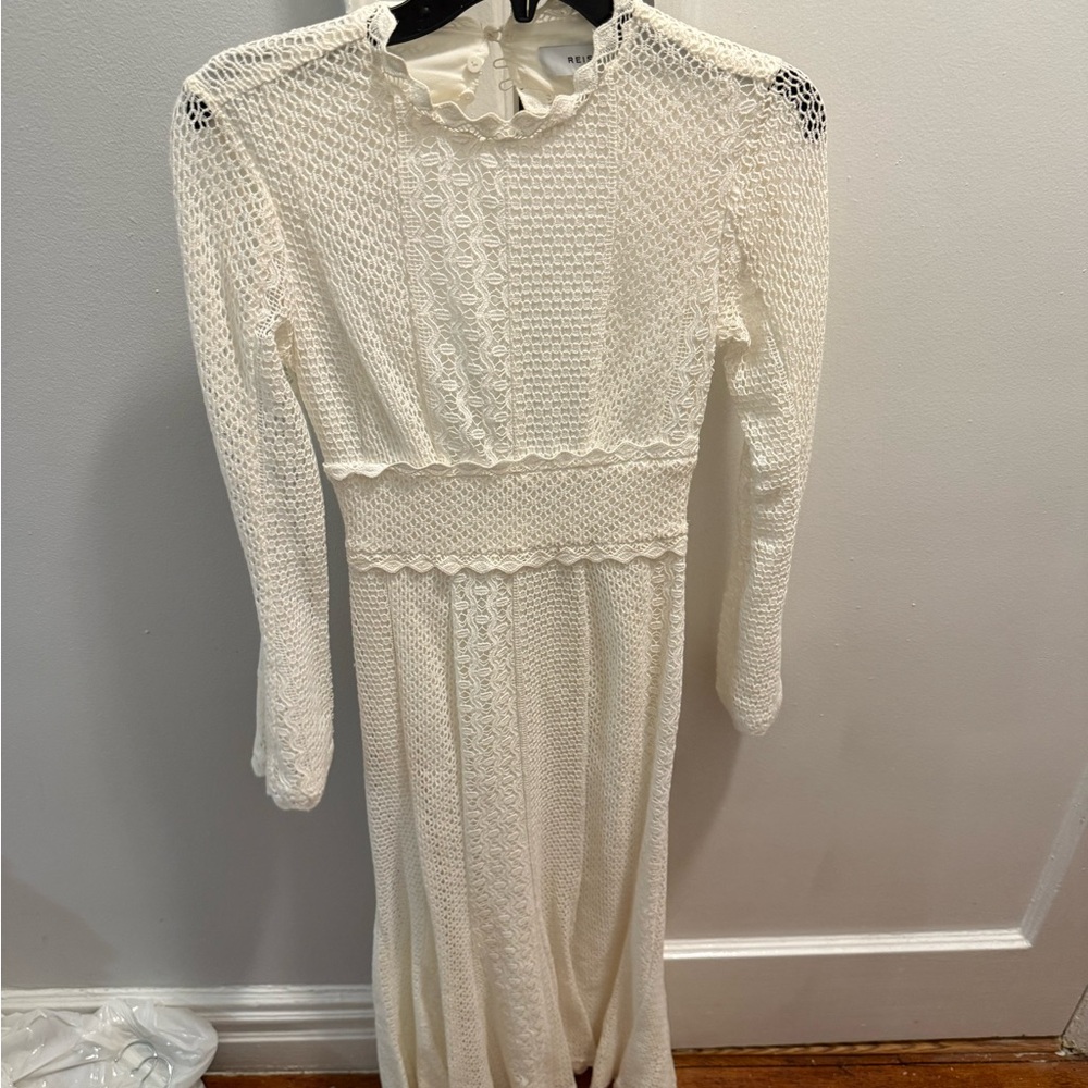Reiss White Lace Midi Long SleeveDress